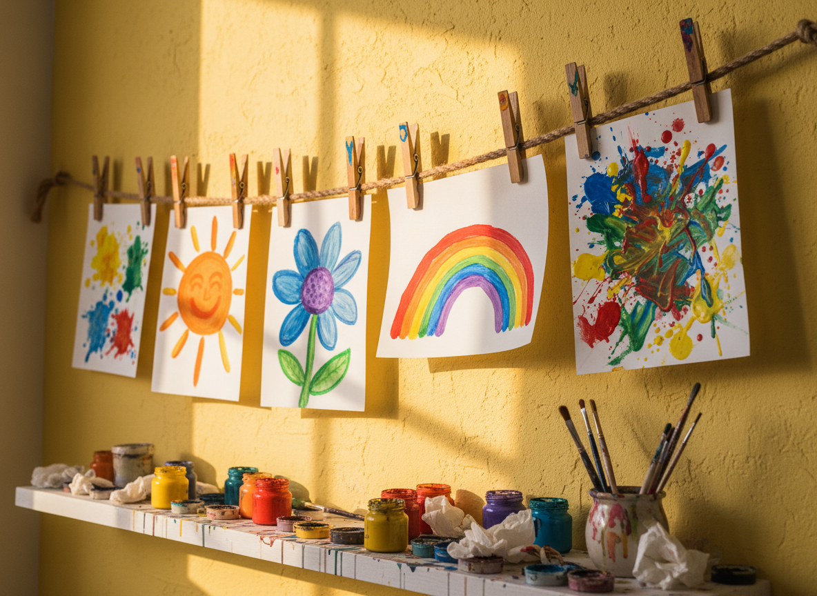 A vibrant “art drying line” stretched low across a bright wall, with chunky wooden clothespins holding up a row of freshly painted kids’ artwork. The paintings feature bold, simple shapes—oversized flowers, smiling suns, wavy rainbows, and abstract splatters—on thick, slightly warped paper. Below the line, a narrow shelf holds a disorderly but charming row of small paint jars with dribbles of dried color down their sides. Late afternoon sunlight filters in from a nearby window, casting dappled light across the paintings and creating soft, playful shadows from the clothespins. The camera is placed at an eye-level angle with a slight tilt upward, giving emphasis to the swinging art. Photographic realism with saturated colors creates a joyful, playful atmosphere, perfect for a kids’ art club space.