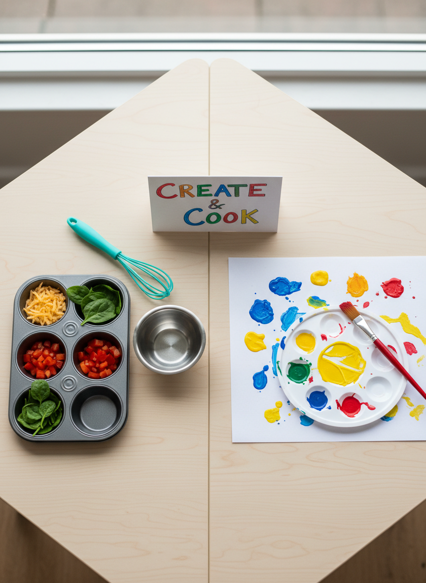 A divided workspace showing a playful blend of cooking and art: on one side of a light wood table, a small muffin tin filled with neatly arranged ingredients—tiny piles of shredded cheese, diced red peppers, and spinach leaves—sits beside a bright silicone whisk. On the other side, a paint-splattered placemat holds a small palette of tempera paints and a sturdy kid’s paintbrush resting across it. A simple paper sign between the two areas reads “Create & Cook” in large, colorful hand-drawn letters. Soft overcast window light washes evenly over the scene, minimizing shadows. Shot from a slightly angled top-down perspective, the composition feels balanced and dynamic. The photographic style is vibrant and modern, conveying a fun, integrated cooking-and-art experience for young children.
