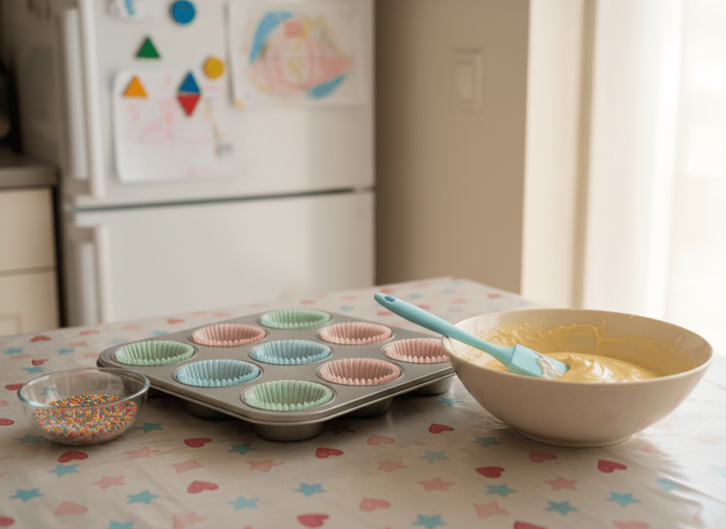 A child-sized baking setup on a bright, washable tablecloth patterned with simple stars and hearts, featuring a lightweight metal muffin pan lined with crinkled pastel paper cups, a small glass bowl of rainbow sprinkles, and a short, wide mixing bowl filled with pale yellow batter. A silicone spatula with a slightly messy, batter-coated tip rests across the bowl’s edge. The background reveals a softly blurred home kitchen scene with a fridge decorated in colorful magnet shapes and simple kids’ drawings. Late-morning natural light comes from the right, giving the batter a gentle sheen and creating soft, cozy shadows. Captured from a close, slightly elevated angle, the photographic style is crisp and vibrant, expressing playful excitement and hands-on learning in a safe kids’ cooking class environment.