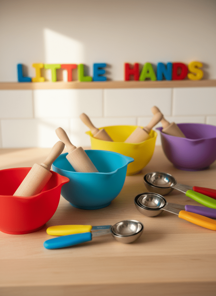 A bright, child-friendly kitchen countertop covered with colorful silicone mixing bowls, tiny wooden rolling pins, and small stainless steel measuring spoons neatly arranged on a pale birch surface. A low backsplash is decorated with playful magnet letters spelling “Little Hands,” slightly out of focus. Soft afternoon daylight pours in from an unseen side window, creating gentle reflections on the metal utensils and warm highlights on the wood grain. The composition is photographed at an eye-level angle suited to a young child’s perspective, with a shallow depth of field that keeps the front tools crisp and the background softly blurred. The mood is playful, welcoming, and safe, with photographic realism and vibrant, cheerful colors that reflect a fun kids’ cooking class environment.