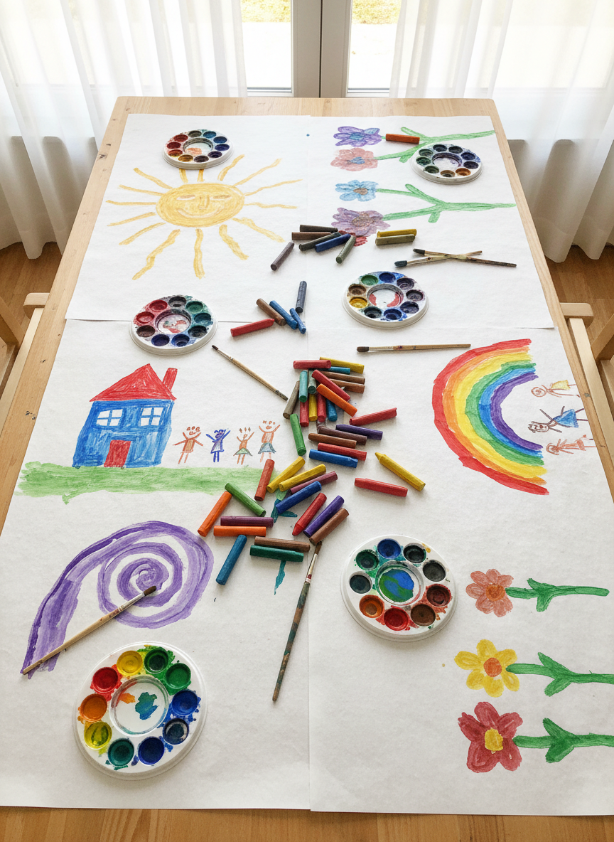A long, low art table covered with thick white drawing paper, dotted with small watercolor palettes, stubby paintbrushes with color-stained handles, and chunky beeswax crayons in rainbow hues. Several whimsical, half-finished kid-style paintings—smiling suns, simple houses, swirling abstract shapes—lie scattered across the surface. Natural daylight filters through sheer curtains in the background, giving the room a soft, diffused glow that reduces harsh shadows. The camera is positioned overhead in a gentle bird’s-eye view, capturing the organized chaos of art supplies with sharp focus throughout. The atmosphere feels imaginative, free, and joyful, in a photographic realism style with bright, saturated colors that suggest a relaxed, playful art club for early elementary kids.