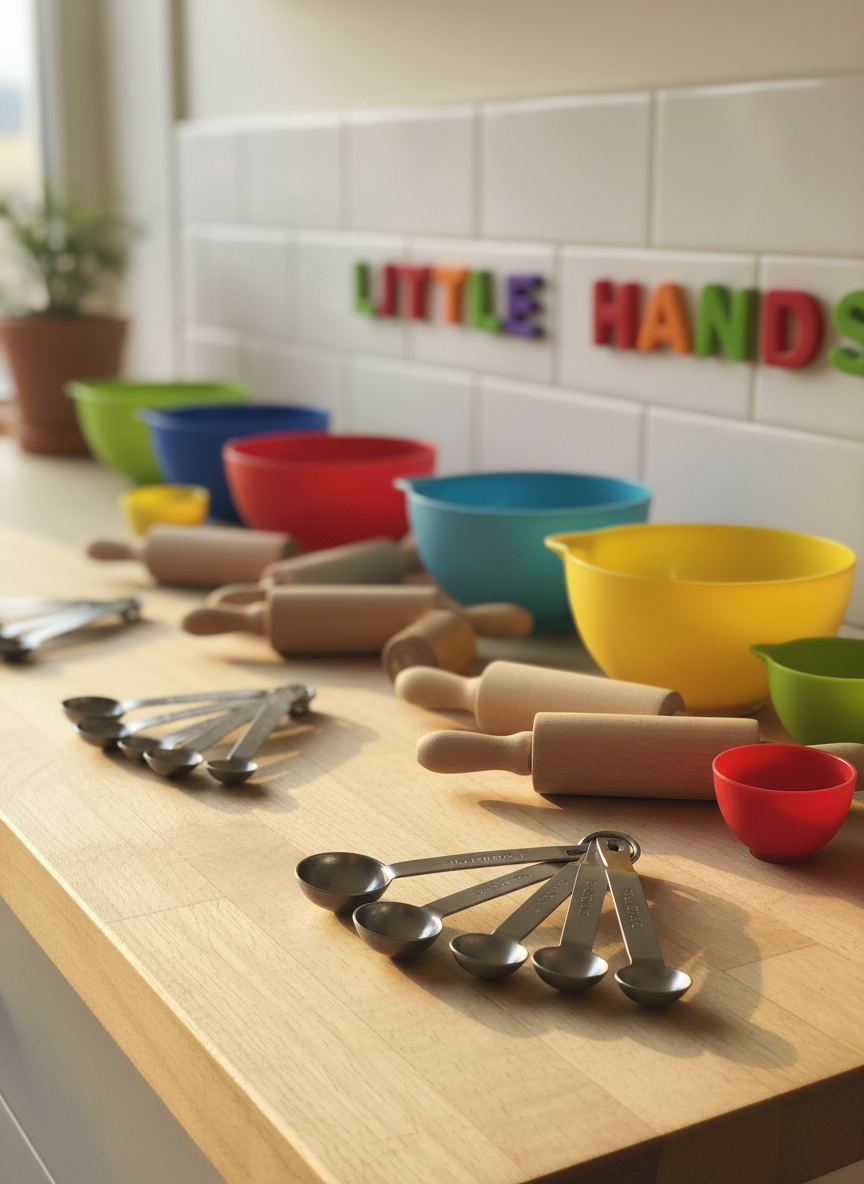 A bright, child-friendly kitchen countertop covered with colorful silicone mixing bowls, tiny wooden rolling pins, and small stainless steel measuring spoons neatly arranged on a pale birch surface. A low backsplash is decorated with playful magnet letters spelling “Little Hands,” slightly out of focus. Soft afternoon daylight pours in from an unseen side window, creating gentle reflections on the metal utensils and warm highlights on the wood grain. The composition is photographed at an eye-level angle suited to a young child’s perspective, with a shallow depth of field that keeps the front tools crisp and the background softly blurred. The mood is playful, welcoming, and safe, with photographic realism and vibrant, cheerful colors that reflect a fun kids’ cooking class environment.