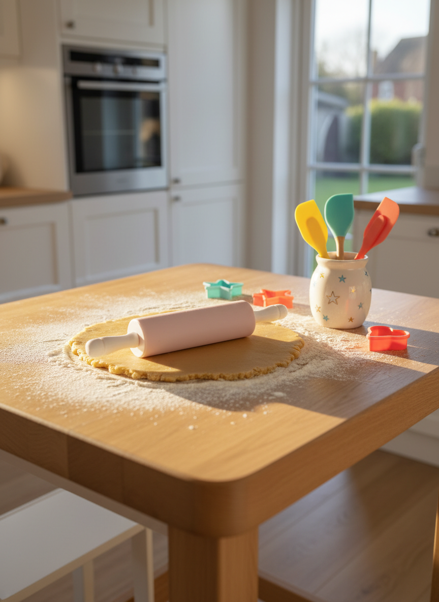 A sturdy child-height kitchen island with rounded corners, topped with a smooth, flour-dusted wooden board where cookie dough is rolled out with a miniature pastel rolling pin. Nearby, kid-sized silicone spatulas in bright yellow, teal, and coral rest in a small ceramic jar decorated with simple hand-drawn stars. In the background, a modern home kitchen with white cabinets is softly blurred. Golden hour sunlight streams across the scene from the left, casting long, gentle shadows and a cozy glow over the workspace. Captured from a slightly elevated angle, the composition emphasizes safety, warmth, and creativity. The photographic style is clean and modern, with vibrant pops of color that communicate an inviting, playful cooking club for young children.