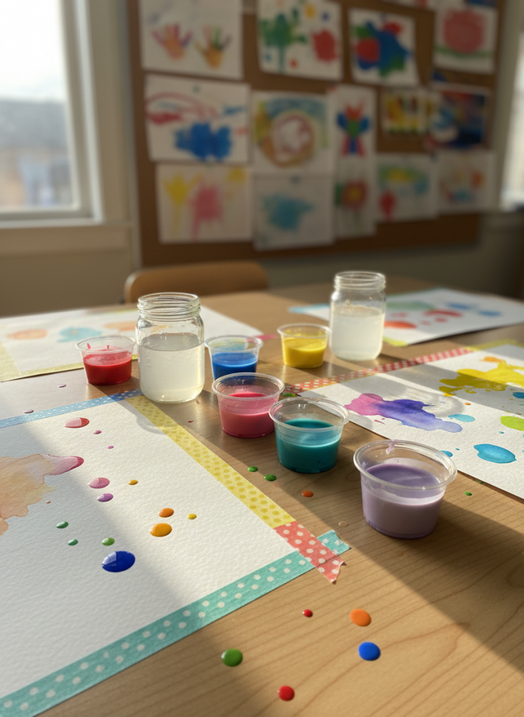 A sunlit art table set up for very young artists, featuring thick sheets of watercolor paper taped at the corners with colorful washi tape, short jars of rinse water, and squat plastic cups filled with vibrant, non-toxic liquid watercolors in primary and pastel tones. Droplets of paint and small puddles of mixed colors create playful patterns on the table’s surface. In the softly blurred background, a corkboard displays simple, boldly colored children’s artwork pinned in a mosaic. Morning light streams from a large side window, causing subtle reflections on the water jars and enhancing the saturation of the paints. The scene is photographed at a gentle diagonal from above, with photographic realism and a bright, airy mood that highlights creative exploration for TK–2nd grade kids.